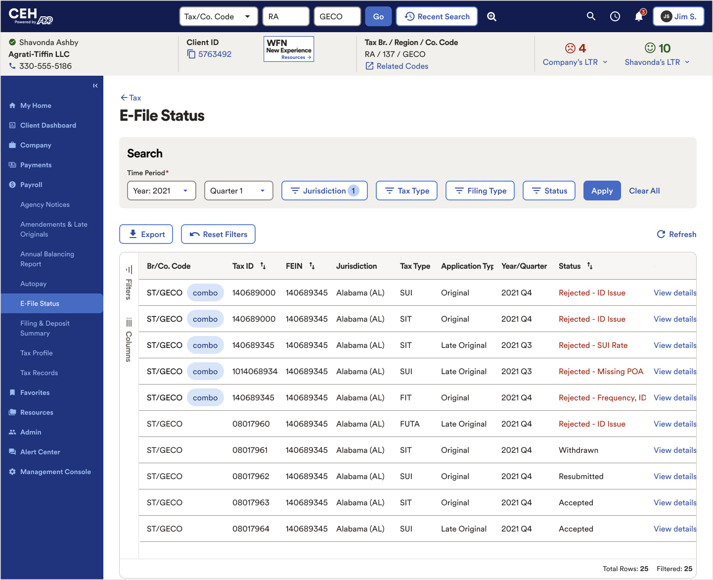 CRM screen showing E-File Status table with columns for Tax ID, jurisdiction, filing status, and other filing details.
